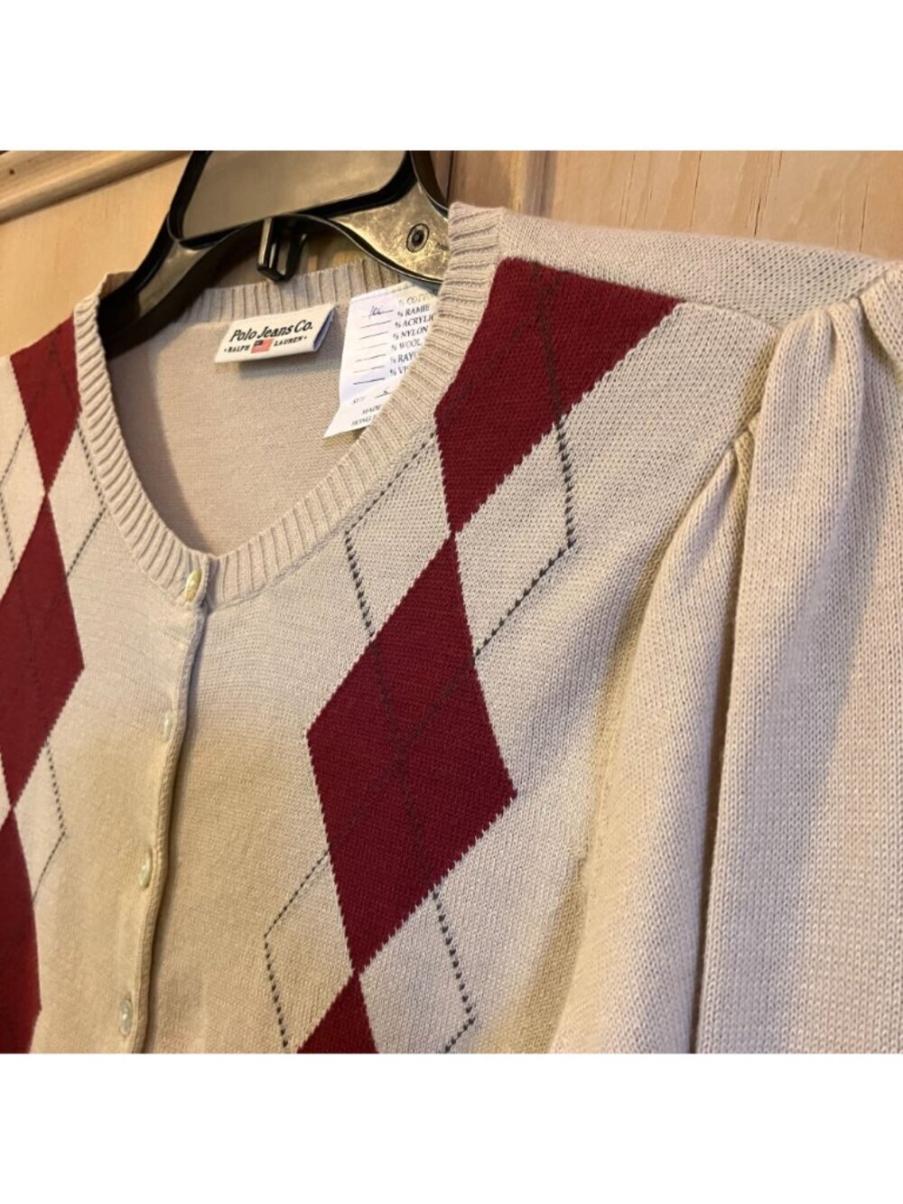 Ralph Lauren Polo Womens Vintage 90s Argyle Cardigan Sweater Small Beige FA NWOT - Picture 5 of 12